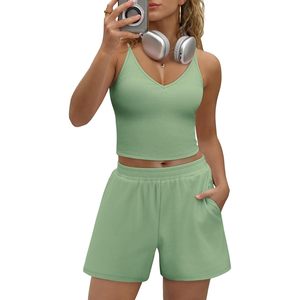 Conjunto de Dos Piezas FOXA para Verano, Top Corto y Pantalones Cortos de Cintura Alta para Mujer, Ropa Casual Transpirable para Estar en Casa - Product Image 2