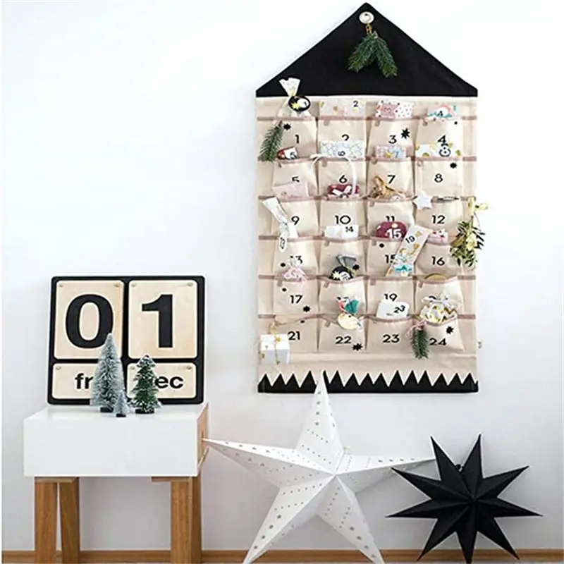 Christmas Advent Calendar with 16 Pockets Wall Hanging Bag for Home Xmas Countdown Decoration