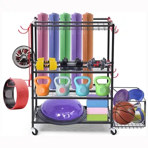 JH-Mech Yoga Mat and Other Sports Equipment Storage with Hooks and Basket Large Capacity Durable Metal Ball Storage Rack