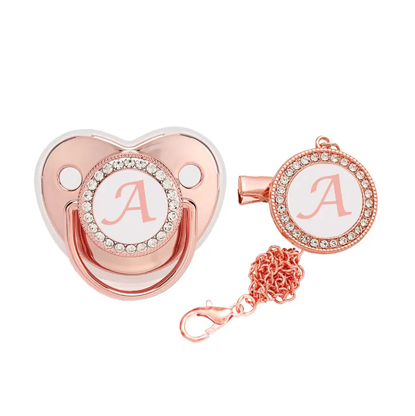 Initial Letters Baby Pacifier Clip Chain 26 Alphabet Rhinestone Crystal Bling Rose Gold Pacifier Infant Orthodontic Nipple Dummy
