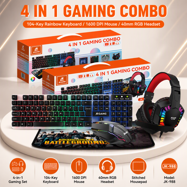 JK-988 4 in 1 Gaming Combo 104 Keys Rainbow Backlit Keyboard 1600 DPI Mouse 40mm RGB Headset Mouse Pad with Handle Box