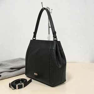 <b>Black</b> Soft Leather Shoulder <b>Bag</b> Woven Side Panel Removable Strap Large Capacity Handbag - Product Image 6