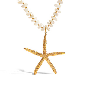 Collar con Colgante de Estrella de Mar, Acero Inoxidable, Piedra Natural, Patrón Martillado, Joyería de Moda - Product Image 1