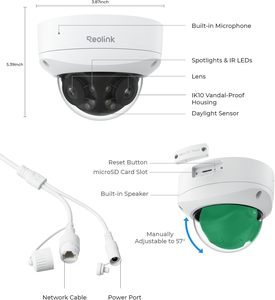 <span class=keywords><strong>Reolink</strong></span> 4K IK10 Caméra dôme <span class=keywords><strong>IP</strong></span> PoE anti-vandalisme à double objectif 8MP Détection intelligente Caméra de sécurité panoramique 180 ° IP67 avec projecteur - Product Image 6
