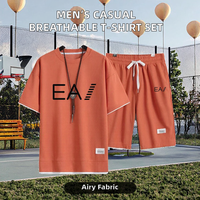 Herensport T-shirt zomer, casual, wafelstructuur, korte mouwen, ademend, gebreid, tweedelig set, groothandel, los, effen, spandex/katoen