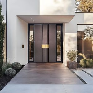 Porte d'entrée double contemporaine minimaliste en aluminium moulé avec panneaux horizontaux et incrustations en laiton, portail de sécurité sur mesure - Product Image 6