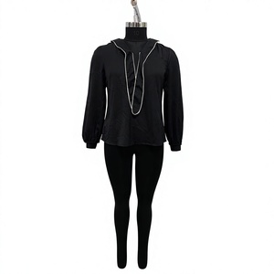 Women's Black <b>Long</b> <b>Sleeve</b> <b>V</b> <b>Neck</b> Blouse Contrast Piping Nylon <b>Top</b> Loose Fit Sporty Autumn Training Shirt - Product Image 1