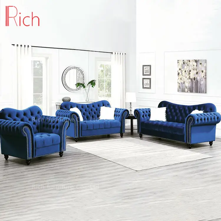 Moderne blau samt chesterfield-sofa für hotel taste tufted genagelt rolle arm sofa knock down chesterfield wohnzimmer sofa