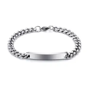 Trendy Style Steel Color Stainless Steel Mirror Polished Titanium Steel Bend Card Cuban Chain Design DIY Bf And Gf Bracelet