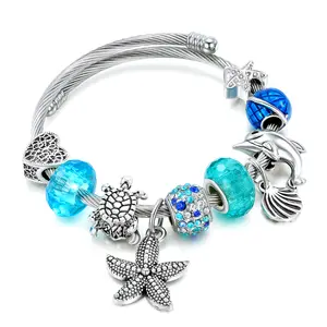 Güzel kolye pembe mavi deniz yıldızı yunus kaplumbağa Charm bilezikler Charm bilezik kadınlar için