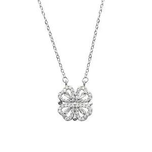 Four Leaf Clover 4 Love Heart S925 Sterling Silver Alloy Cubic Zirconia Women Pendant Necklace