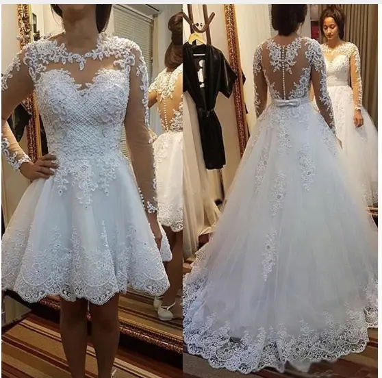 2pcs Short White Wedding Dress Beaded Lace Plus Size Wedding Dress Long Sleeve With Detachable Skirt