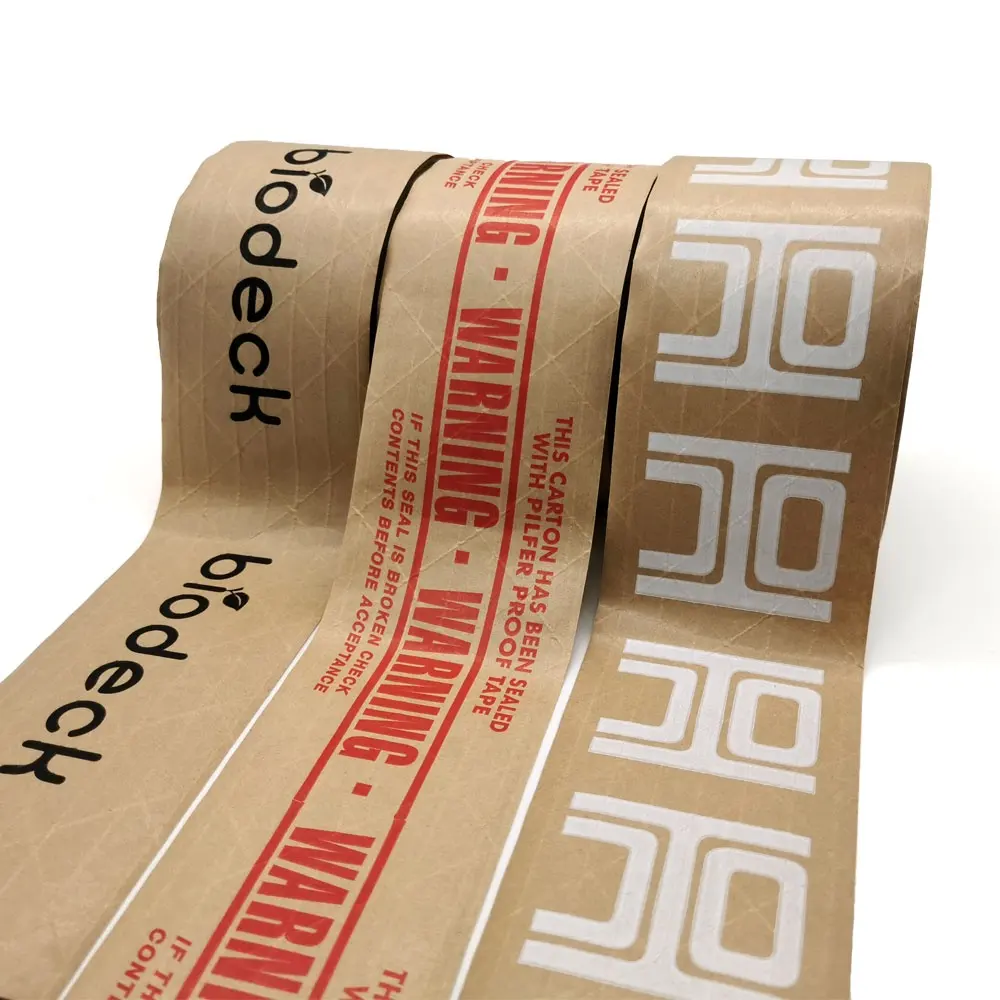 Custom Printed Logo Black Brown Water Activated Gummed Reinforced Self Adhesive Fragile Packing Kraft Paper Tape