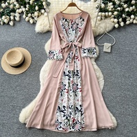 Robe longue maxi décontractée pour femme WIWT, à imprimé floral, manches 3/4, avec ceinture, pour un usage quotidien