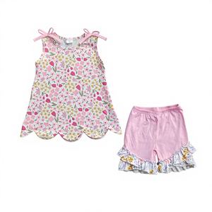 Conjunto de Ropa de Verano para Niñas Pequeñas, Estilo Moderno 2026, Venta al por Mayor, Bonito Estampado de Tulipanes, Top sin Mangas con Volantes y Pantalones Cortos - Product Image 1