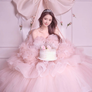 Pink Tulle Ball Gown Strapless Empire Waist Wedding Dress For Studio Photo Shoots - Product Image 3