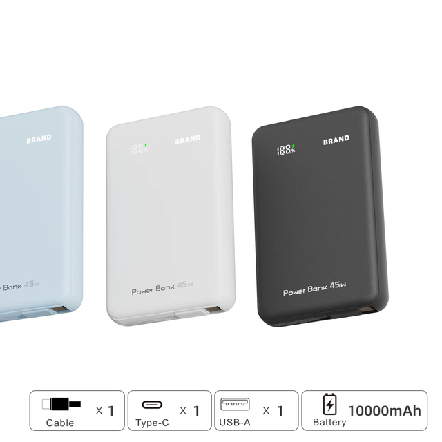 Semi-Solid-State Power Bank 10000mAh, 45W Ultra-Slim Portable Charger with Built-in USB-C Cable, High-Safe
