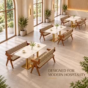 Panca e sedie con struttura a A in legno scuro e cuscini intrecciati, tavolo da pranzo per ristorante con piano in marmo bianco e piedistallo dorato per caffè e bistrot - Product Image 5