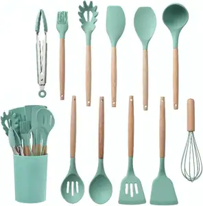BPA Free Home Kitchen Baking Cookwares Heat Resistant Wooden Handle 12 Piece Silicone Utensils Set with PP Storage block