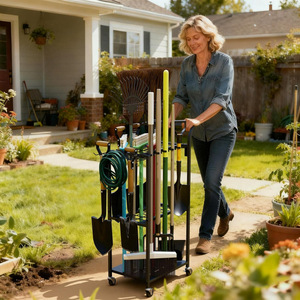 Wheeled <b>gardening</b> tool organizer, rolling patio tool rack, three-tier metal <b>trolley</b> outdoor garage storage cabinet - Product Image 1