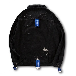New Arrival Mens Hiphop Jeans <b>Jacket</b> Blue Black <b>Jacket</b> With <b>Red</b> Side Stripes Ripped <b>Denim</b> Coat Distressed Bomber Solid <b>Jacket</b> - Product Image 4