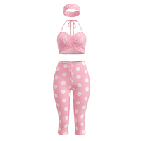 Viviblook Q26ST076 Ensemble 3 pièces sexy d'été pour femme avec haut court dos nu sans manches, pantalon court moulant et imprimé à pois, et bandeau