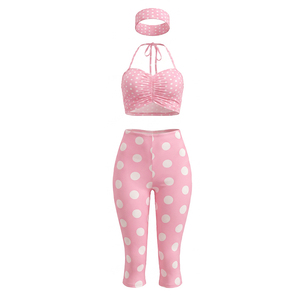 Viviblook Q26ST076 Women <b>Summer</b> Sexy Sleeveless Halter Crop Top Tight Cropped <b>Pants</b> Polka Dot Printed 3 Piece Set With Headband - Product Image 6