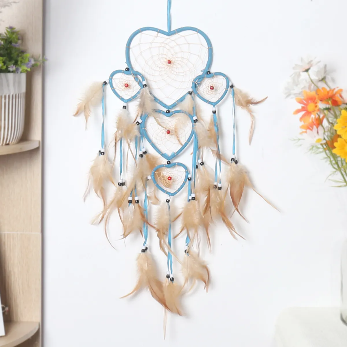 Dream Catcher WitColorful Feather Handmade 5 Hearted Iron Ring Dream Catcher Wall Decor Home Decor Nursery Baby Kids Bedroom