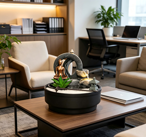 Fontaine de jardin <span class=keywords><strong>zen</strong></span> moderne avec porte-encens, <span class=keywords><strong>sable</strong></span> et râteau, figurine abstraite en bronze méditant et plante artificielle pour bureau - Product Image 4