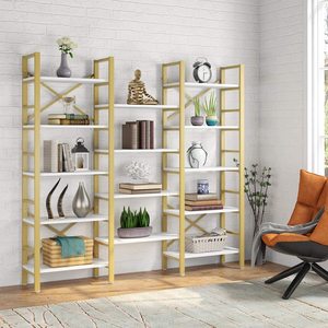 Libreria a 5 Ripiani Triple Wide in Oro e Bianco, Stile Industriale, Scaffali in Legno e Metallo, Mobili per Libreria - Product Image 3