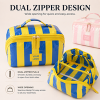 Sac de maquillage de voyage imperméable à double fermeture éclair avec logo personnalisé, rayures, compartiments, ouverture plate, revêtement transparent en PVC, OEM ODM