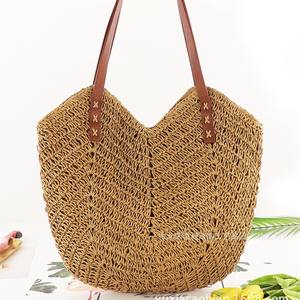 Sac de plage d'été en paille pour femme, grande capacité, sac fourre-tout en rotin tressé avec poignées en cuir, sac à bandoulière chic - Product Image 2