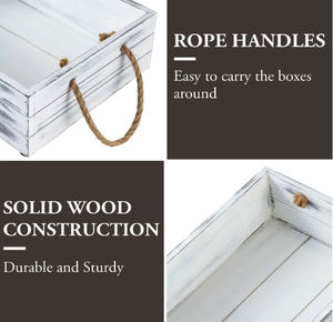 Caisses en bois patinées de Style ferme campagnarde bacs de rangement en bois blanc caisse en bois avec poignées de corde rustiques - Product Image 2