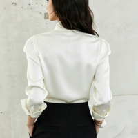 Chemisier en satin uni personnalisé à col montant pour femme, manches longues, ajusté avec fentes à la taille, élégant, pour le bureau, commandes en gros