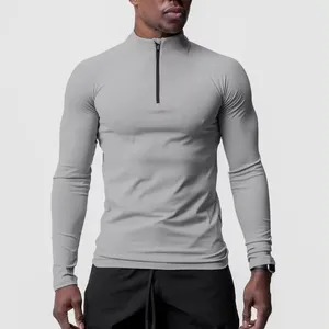 New Solid Color Sports Fitness Clothes Men's Velvet Small High Neck Half Zip Training Long Sleeve T-Shirt Running Top
