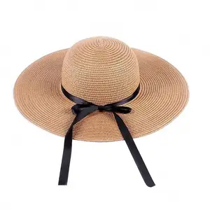 Afneembare Linten Goedkope Trendy Stro Zon Hoeden Voor Lady, klassieke Ontwerp Strand Zomer Hoed Voor Hete Vrouwen Met Zwart Lint