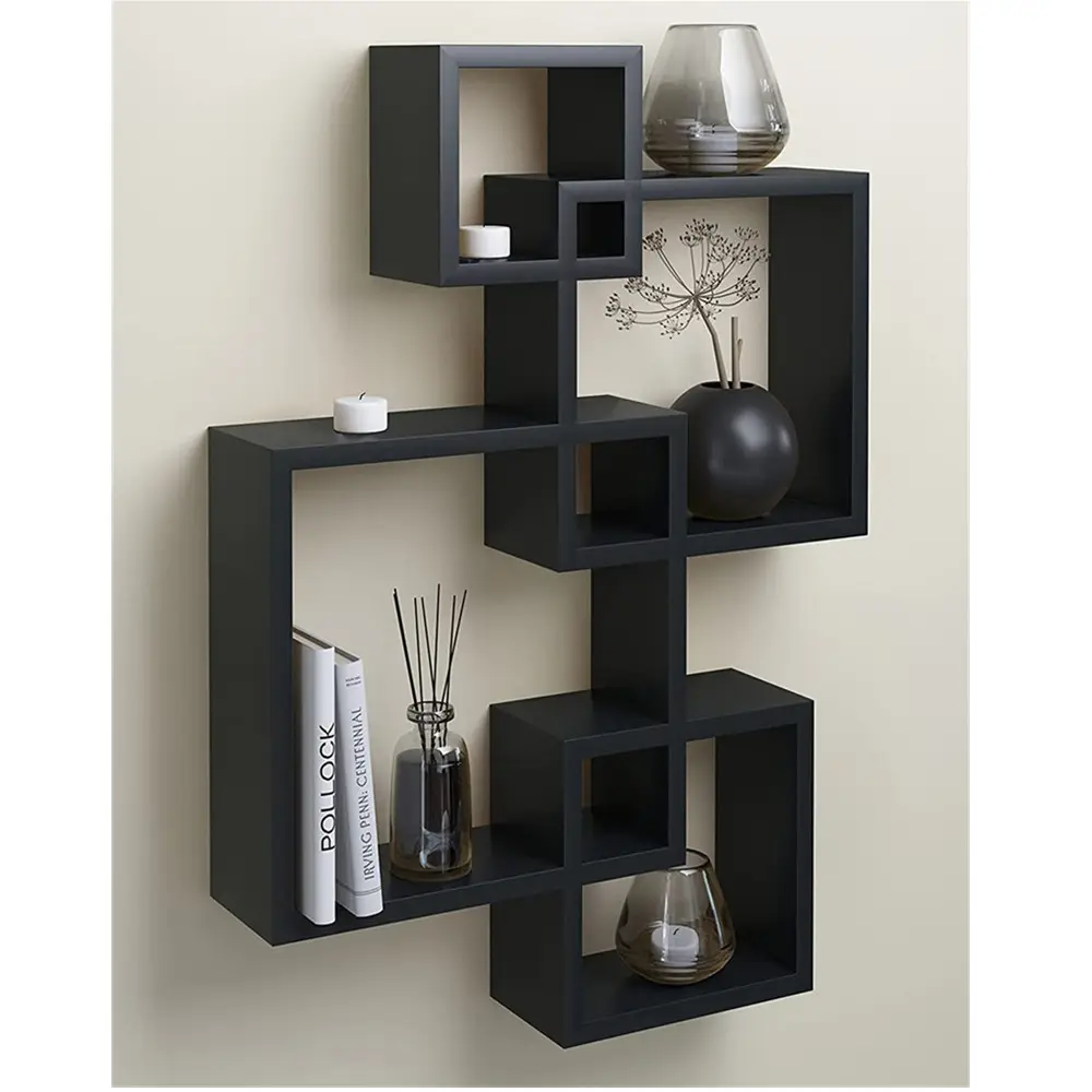 Hi Home 4 Cube Intersecting, Easy-to-Assemble Floating Wall Mount Shelves for Bedrooms and Living Rooms, Espresso Finish