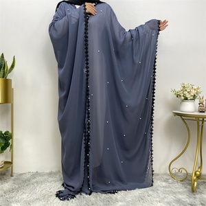 1653# Chiffon Beaded Open Abaya With Black Lace Bother and White Pearls Bat Sleeve Arabic Cardigan <b>Kaftan</b> - Product Image 4