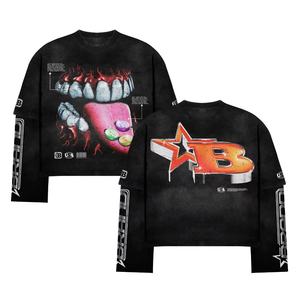 Camiseta personalizada Poping Dance Mock de <span class=keywords><strong>dos</strong></span> piezas con estampado de algodón rasgado desgastado Vintage de doble capa Camiseta de manga larga para hombres - Product Image 3