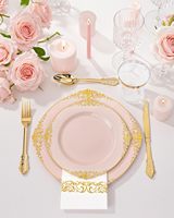 Ensemble de vaisselle en plastique rose moderne sans BPA pour 50 invités - 100 assiettes jetables, 150 couverts, 50 gobelets, 50 serviettes