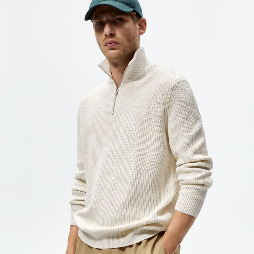 Custom Cotton Men's Sweater Pure White Simple Long Sleeve Zip Mock Neck Sweater