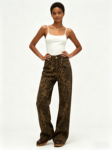 Jean pour <span class=keywords><strong>femme</strong></span> 2026 style rétro américain, imprimé léopard, logo à la taille, coupe droite ample, en denim, vintage, streetwear hip-hop - Product Image 3