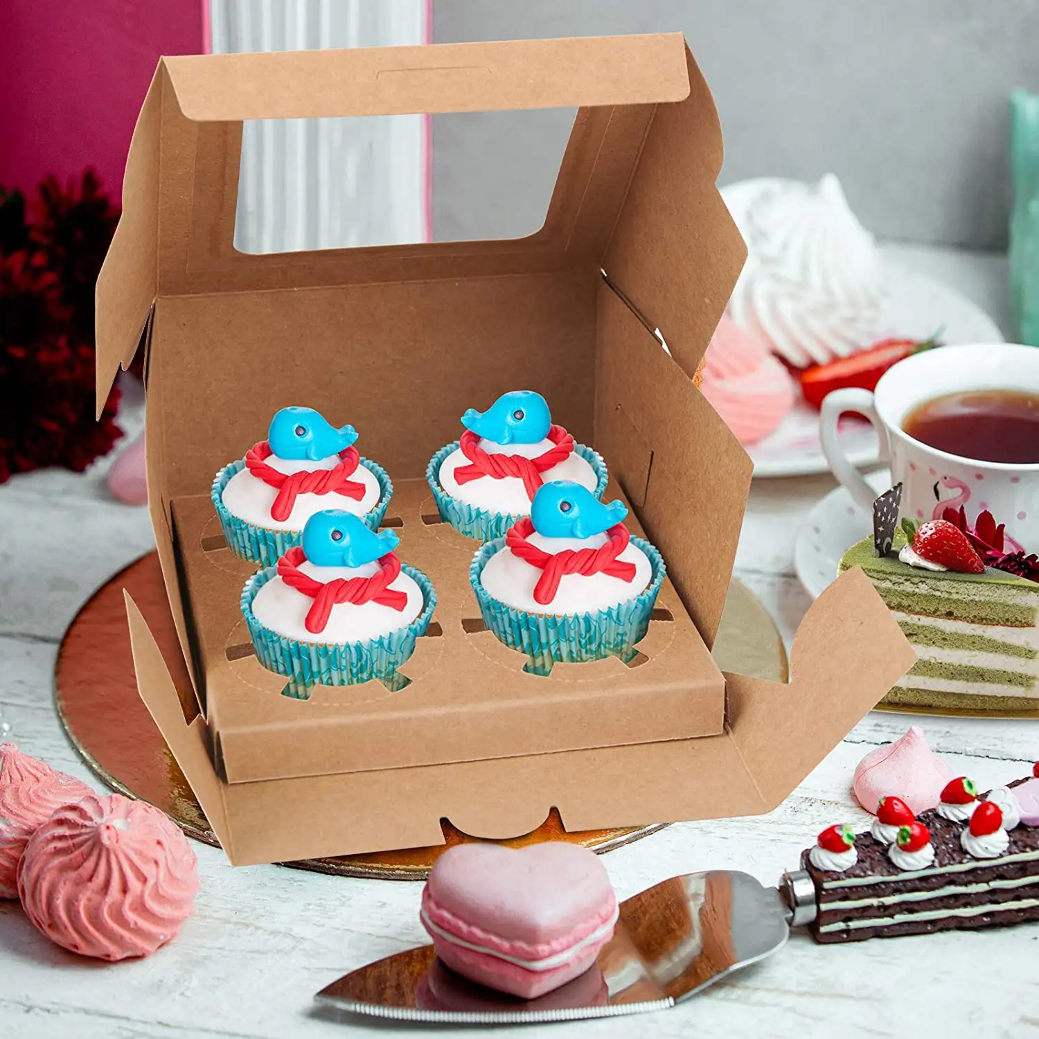 Fábrica de caja de la Magdalena de papel pastel taza pan caja de embalaje con La ventana limpia logotipo personalizado Navidad cajas de Cupcake