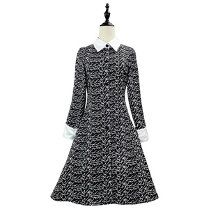 Adams Family Cosplay Dress Black Printed Long Sleeve Costume Halloween Wednesday Outfit Artistic Retro Style - Product Image 5