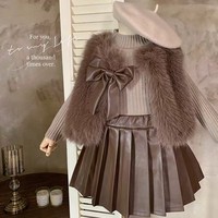 Ensemble trois pièces décontracté pour filles : Gilet et robe pull plissée kaki, style automne, tenue tendance pour enfant