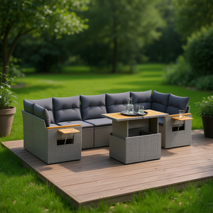 Conjunto de Sofá de Jardín de Ratán Gris, 6 Plazas, Muebles de Exterior de Diseño Contemporáneo, Estructura de Mimbre Resistente a la Intemperie - Product Image 2