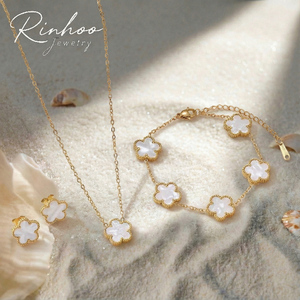 Ensemble de bijoux RINHOO en acier inoxydable avec trèfle à cinq feuilles, bracelet, collier et boucles d'oreilles, boucles d'oreilles tendance, ensemble de bijoux pour mariage et fête - Product Image 1
