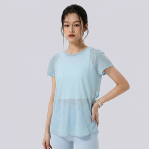 เสื้อโยคะผู้หญิงแบบขายส่ง คอไขว้เว้าหลัง แขนสั้น ระบายอากาศได้ดี เสื้อออกกำลังกายทรงหลวม แห้งเร็ว เหมาะสำหรับพิลาทิสและชุดกีฬา - Product Image 2