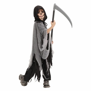 Disfraz de Grim Reaper para niños con guadaña, traje de cosplay de terror para Halloween, capa con capucha negra y gris, talla M L - Product Image 1