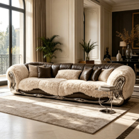 Canapé moderne vintage à accoudoirs courbes, combinaison de cuir marron et de fourrure de mouton blanche, patchwork ondulé, pour salon haut de gamme